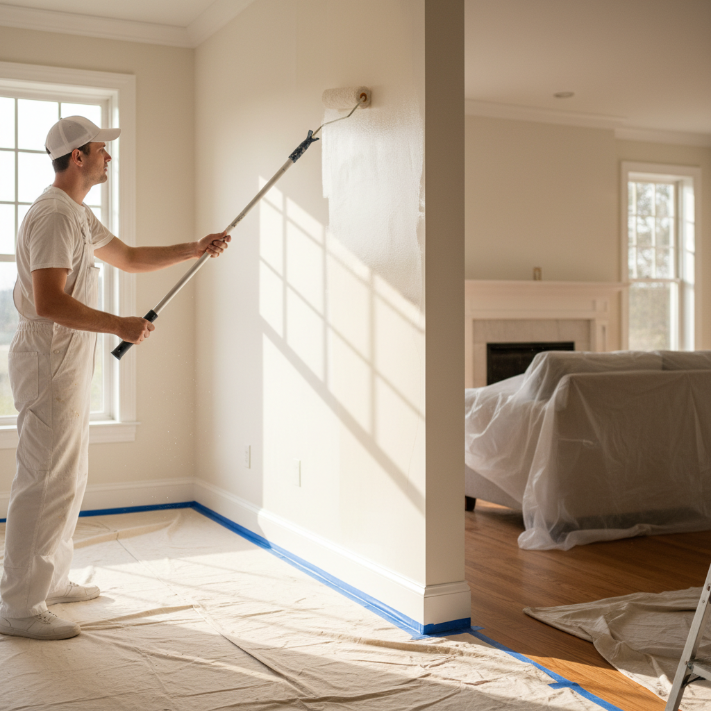 Professional painter rolling white paint on interior wall